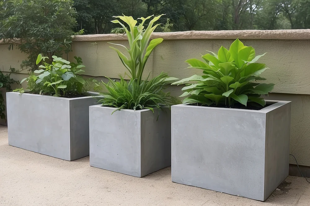 Clean, geometric uses of hollow blocks serving as premium concrete planters for urban balcony gardening.