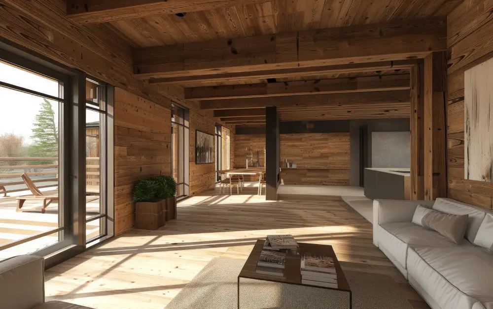 photorealistic timber house interior with wooden decor furnishings