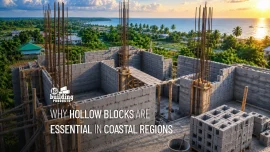 Coastal building construction overlooking the ocean showing concrete hollow blocks for coastal construction Bangladesh.